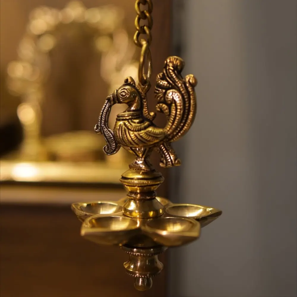 Antique Brass Hanging Peacock Diya Lamp