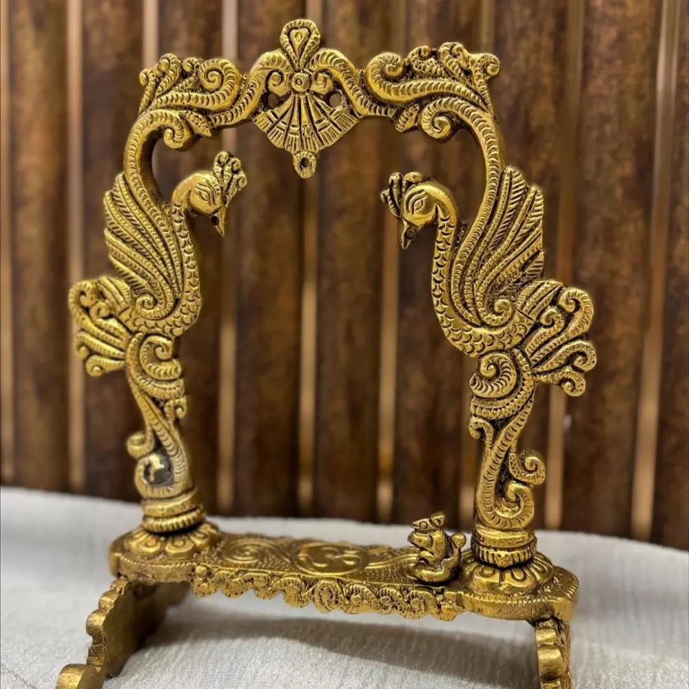 Antique Brass Twin Peacock Idol Frame Stand