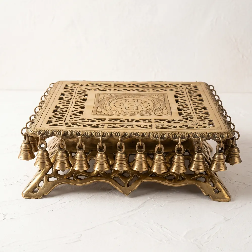 Heavy Brass Bajot Chowki (14 Inch) with Hanging Bells – Handcrafted Nakashi Work product image