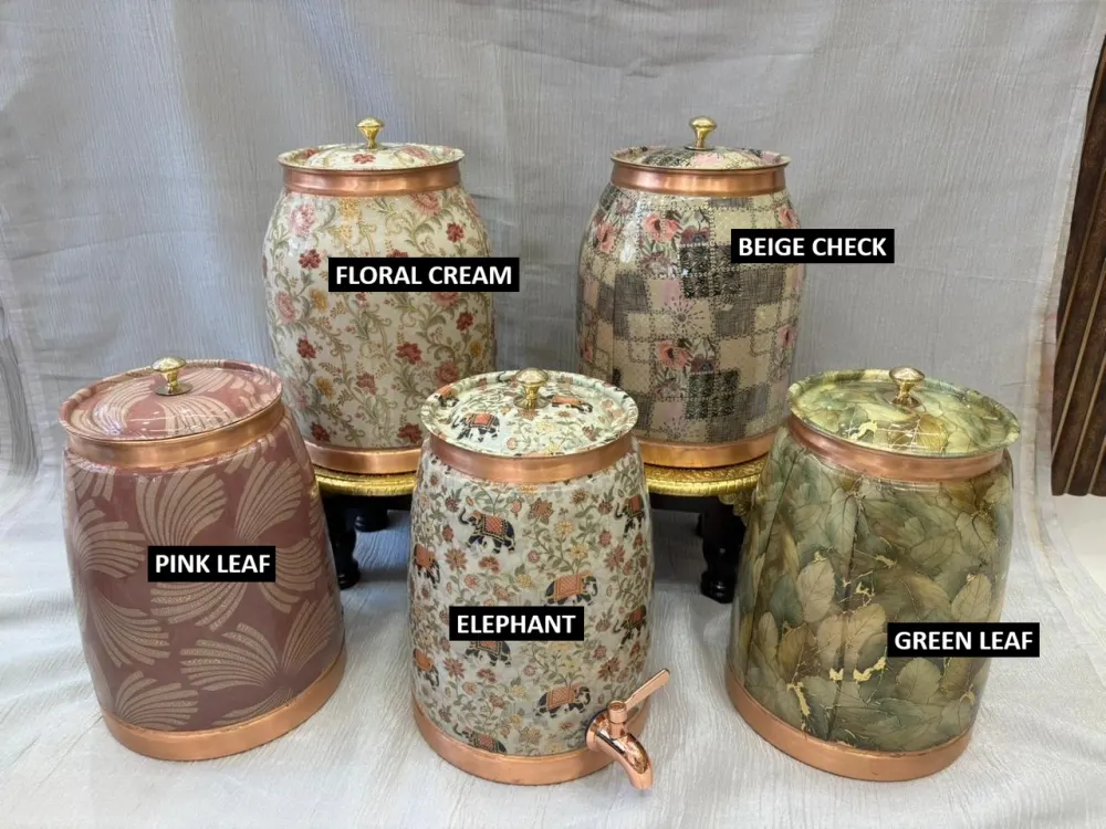 Copper Dolphin Gold Royal Meena Matka (8 Litre) with Tap – Designer Printed product image